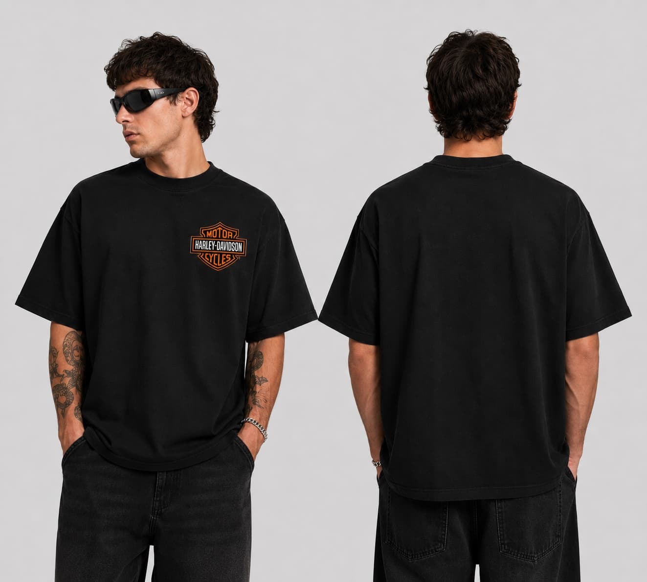 Ink Black Custom Chest Motor Cycle Badge Oversized Tee — Front — view 1